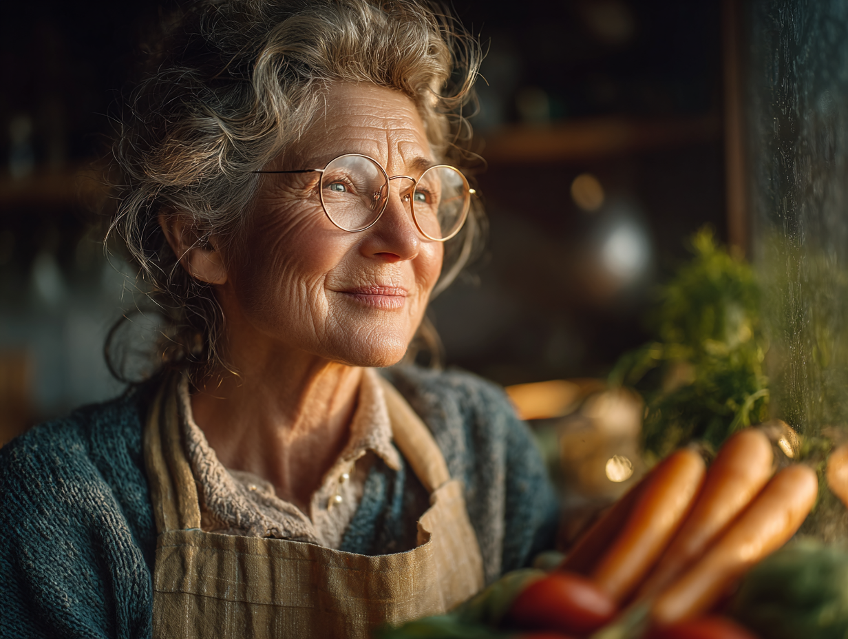 Людина у віці 60+ займається садівництвом серед зелених рослин