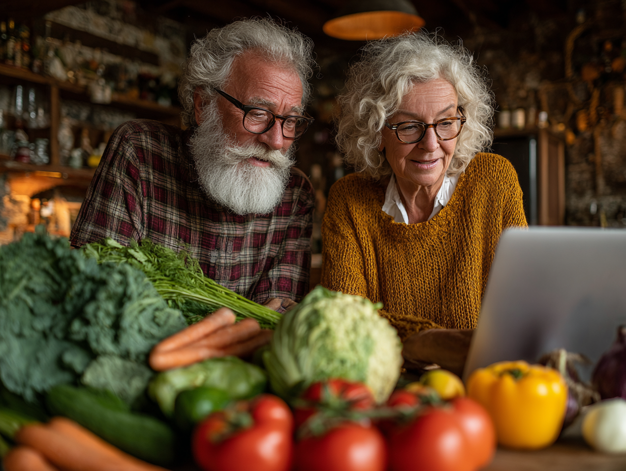 Літня жінка готує здорову їжу з свіжих овочів у сучасній кухні